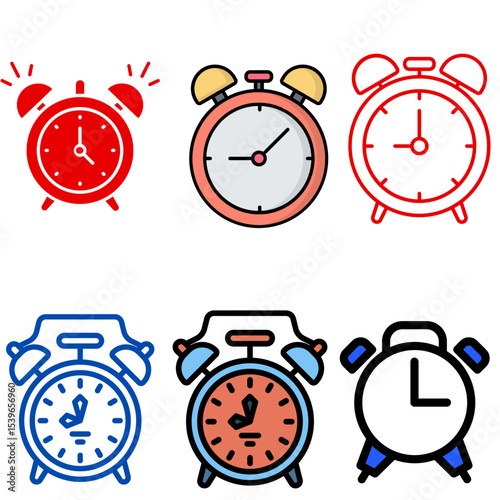 Alarm clock set in different colour and style.flat clock vector and illustration.