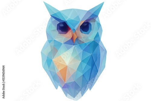 Geometric blue owl with piercing stare, transparent backdrop presenting minimalist wildlife design element for creative projects photo