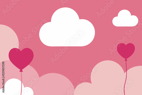 Romantic Pink Sky Heart Balloons and Clouds - Valentine's Day Illustration