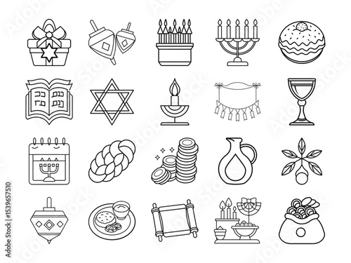 Hanukkah Icons Set Black Line Art Jewish Holiday Symbols Dreidel Menorah Candles Gift Box vector