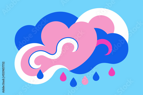 Whimsical Pink and Blue Cloud Illustration Rain, Heart, and Sky Design