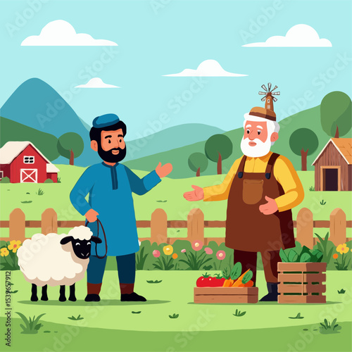 Farmer and shepherd bartering goods on farm