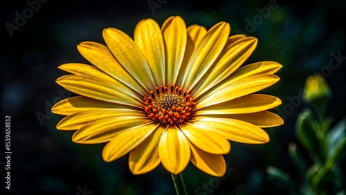 Golden daisy flower in full bloom with vivid yellow petals on dark background, floral macro shot
