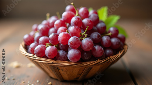 Wicker basket filled with fresh ripe red grapes with green leaves on rustic wooden surface. AI generated.