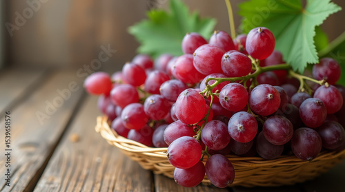 Wicker basket filled with fresh ripe red grapes with green leaves on rustic wooden surface. AI generated.
