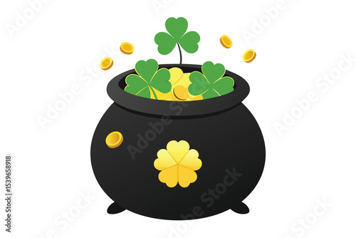 3d render of black pot full of gold coins isolated on white background