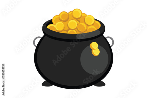 Black pot of gold coins with shamrock clover leaf isolated on white background