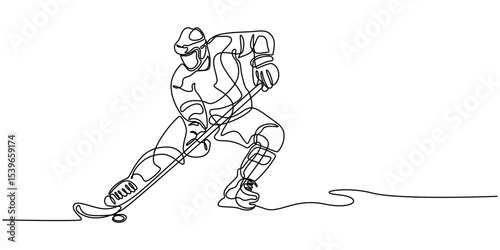 Ice Hockey player continuous one line drawing, One continuous single drawing line art doodle sport, hockey, people, ice, skate, athlete, puck. Isolated flat illustration hand draw contour on a white