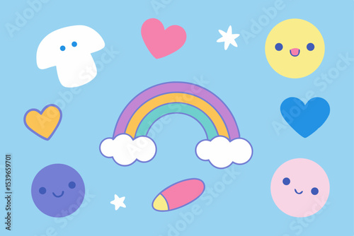 Cute Rainbow and Kawaii Stickers Pastel Hearts, Stars, and Smiley Faces