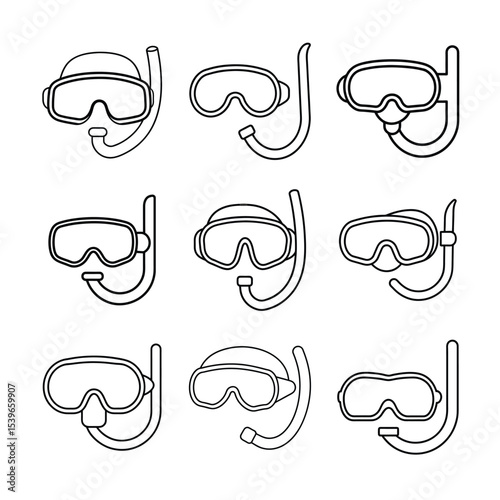 Snorkeling Mask Outline Vector – Summer Diving Gear Line Art Doodle for Travel and Beach Illustrations