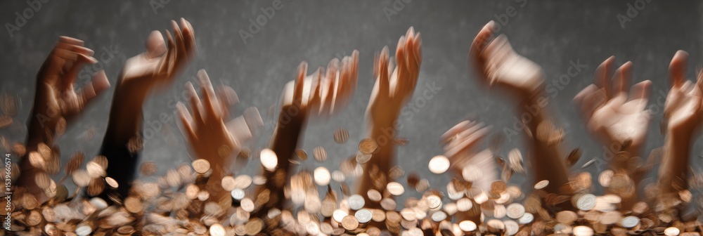 Fototapeta premium Hands Reaching out to Collect Jackpot Coins in a Frenzy of Excitement With a Motion Blur Effect Conveying Dynamic Energy and Anticipation