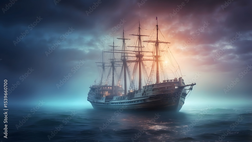 A ghost ship glowing with eerie light on a misty sea, fantasy and mythology desktop wallpaper backdrop, cinematic HDR vibrant theme colors, promo movie sales poster banner book cover background A ghost ship glowing with eerie light on a misty sea, fantasy and mythology desktop wallpaper backdrop, cinematic HDR vibrant theme colors, promo movie sales poster banner book cover background
