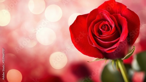 Close-up of a single, vibrant red rose against a bokeh background.