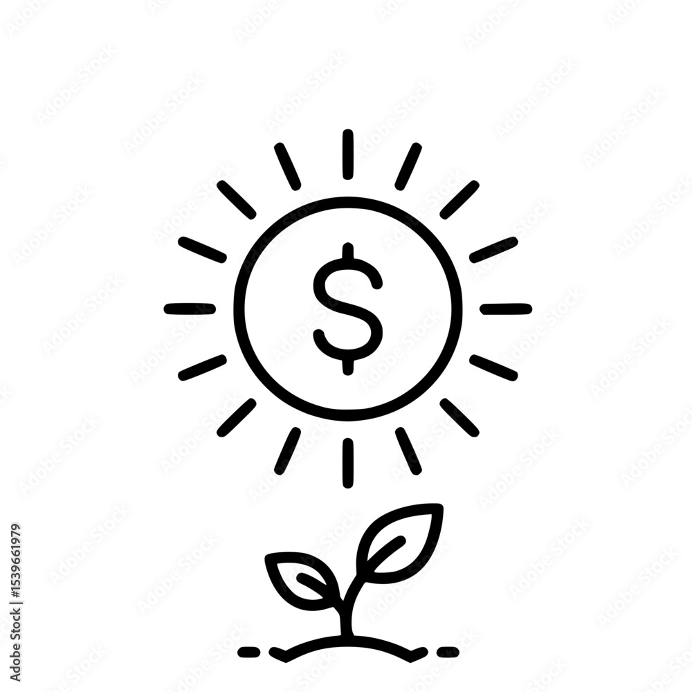 Fototapeta premium Vector illustration of a sun rays with dollar sign icon, outline style - summer income, financial growth, or seasonal sales boost concept
