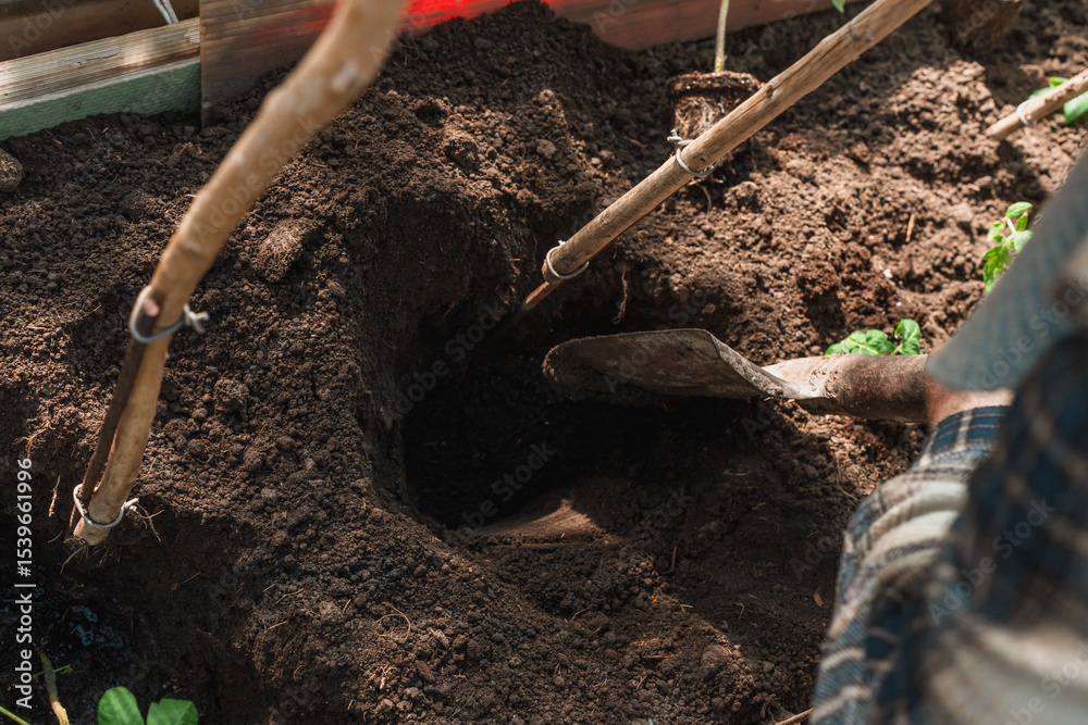 Fototapeta premium A man digs the ground with a shovel, preparing the soil for planting vegetables or flowers