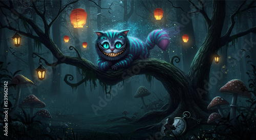 Cheshire Cat grins from a tree in a magical, lantern-lit wonderland.