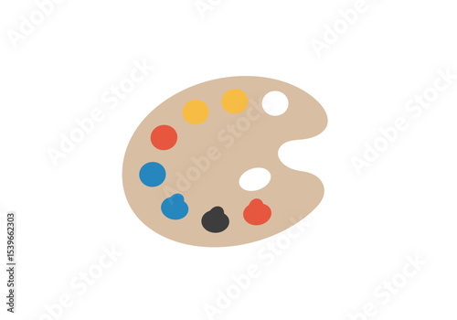 A beige artists palette holds colorful paint dots of yellow red blue black and white