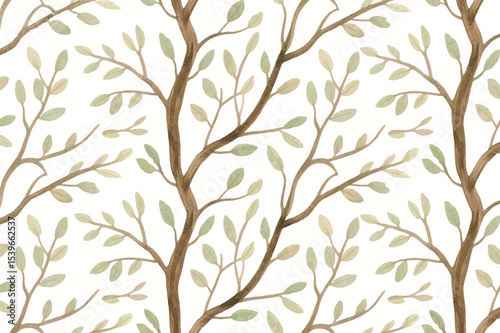 Delicate Watercolor Tree Branches and Leaves Seamless Pattern – Modern Line Art Style for Surface Design