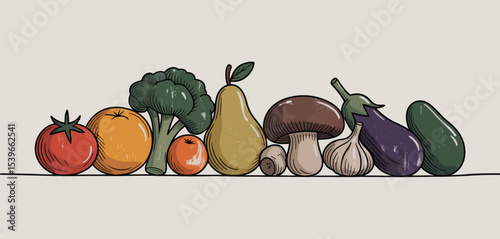 Hand Drawn Illustration of Fresh Fruits and Vegetables