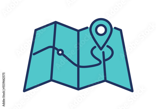 A blue map with dark outlines a route line and a location pin on the right