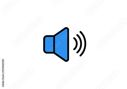 A blue speaker icon with black outlines emits curved soundwaves on a white background