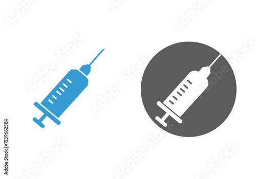 A blue syringe and a syringe inside a gray circle are pictured against a white background