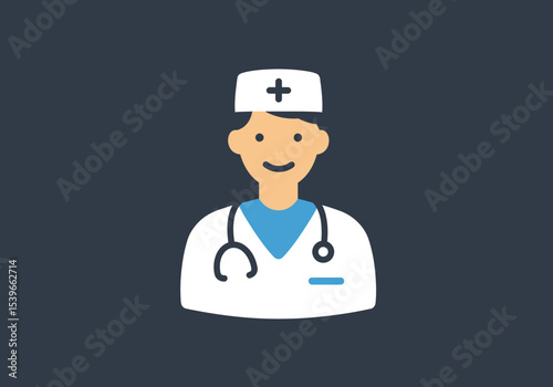 A cartoon doctor with stethoscope smiling wearing white coat and cap with red cross