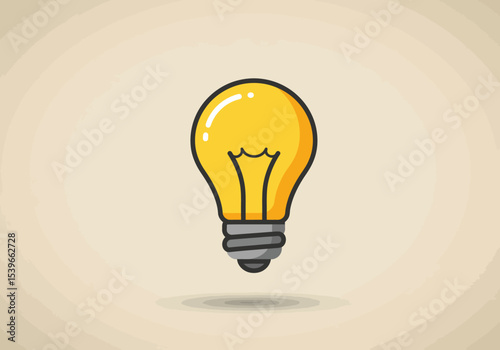 A cartoon lightbulb with a yellow bulb black filament and gray base casting a light shadow on a beige surface