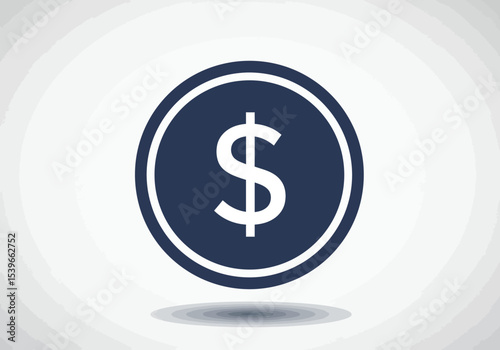 A dark blue coin with a white dollar sign in the center casts a shadow on a white background