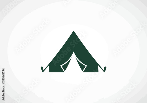 A dark green camping tent stands centered with open flaps and visible tent pegs