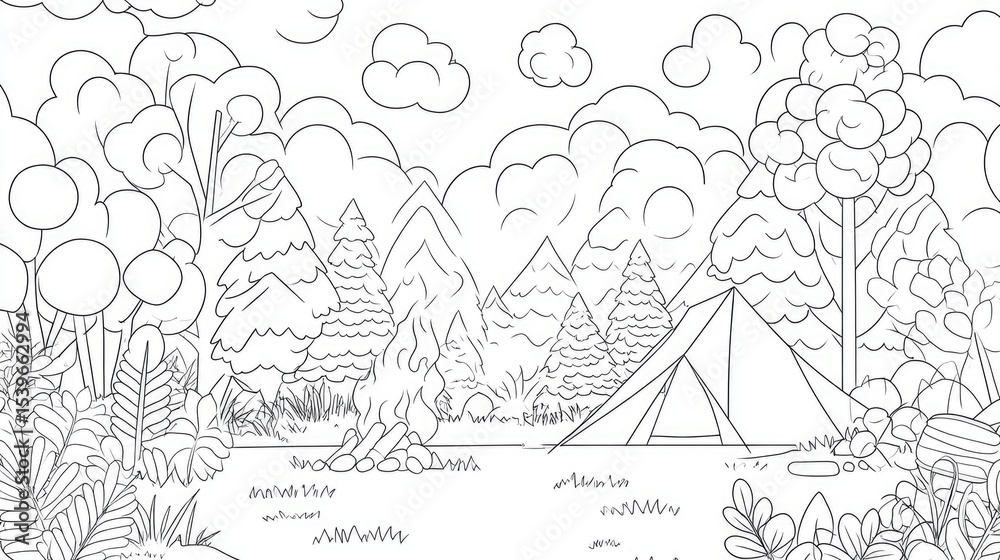 Fototapeta premium Black and white camping scene in a forest.