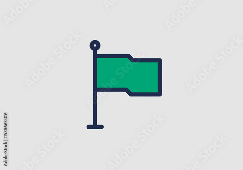 A green flag with a notched edge on a navy blue pole with a rounded top stands on a light gray background