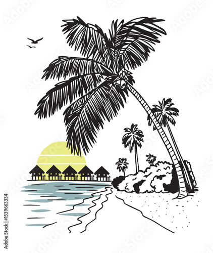  sketch maldives vector. sketch ocean and palm tree vector yellow sunset