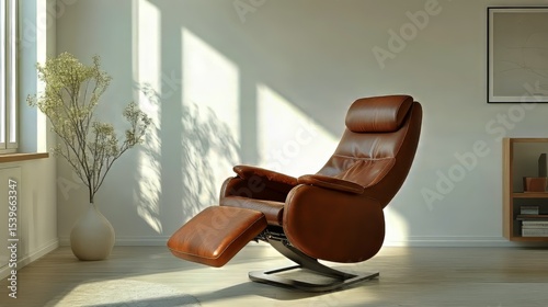 Minimalist living room with leather recliner chair against white wall