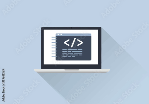 A laptop shows code with angle brackets on the screen A long shadow is cast to the right