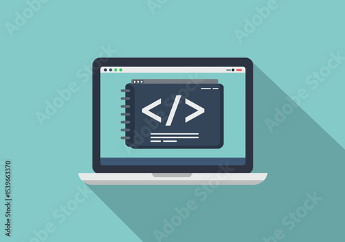 A laptop displaying code with an angular bracket symbol on a teal backdrop