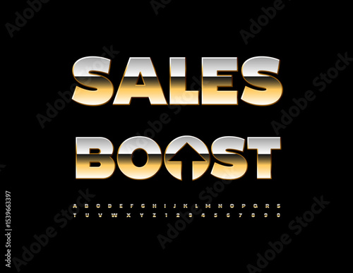 Vector Business sign Sales Boost with Decorative Arrow. Trendy Golden  Font. Premium Alphabet Letters and Numbers set.