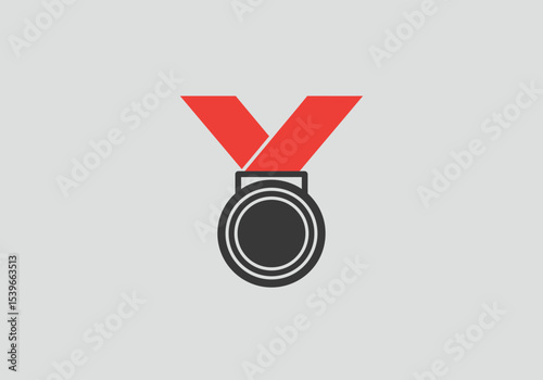 A medal with a red ribbon dark gray medal and light gray background
