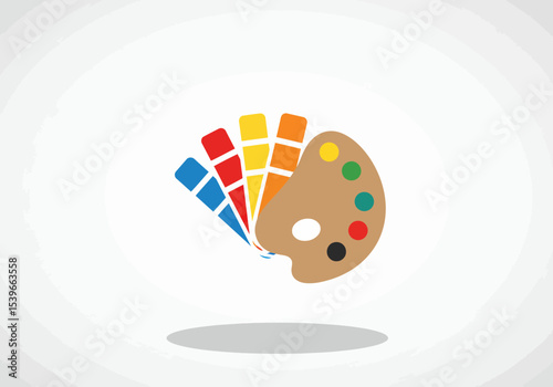 A palette with paints fanned next to paint swatches
