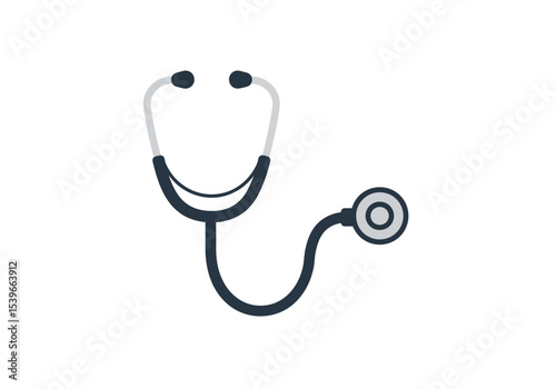 A stylized stethoscope is depicted featuring gray and dark blue elements against a white backdrop