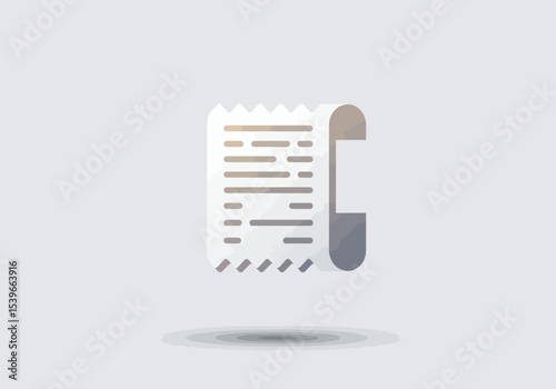 A stylized receipt with text jagged top edge and curled end casting a faint shadow on a light gray surface