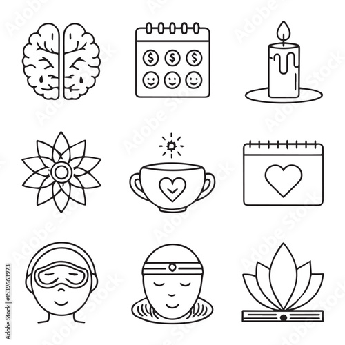 Wellness and Mindfulness Icons – Brain, Calendar, Candle, Flower, Coffee, Heart, Meditating Person, Lotus – Minimal Line Vector Set