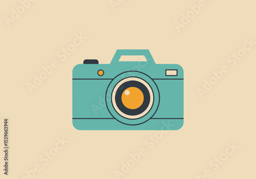 A tealcolored camera with rounded edges black details  a yellow lens sits on a beige background
