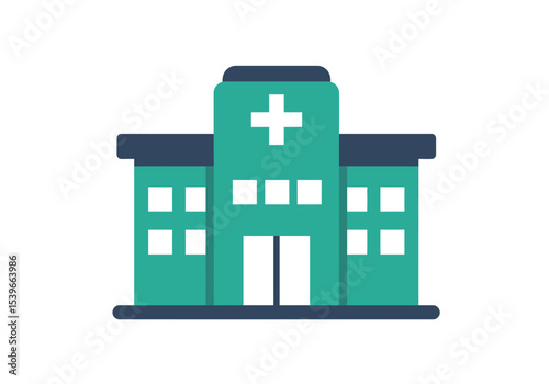 A twostory hospital building with a prominent cross on the central structure