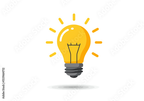 A yellow light bulb shines radiating light around it A gray base grounds it with a slight shadow underneath
