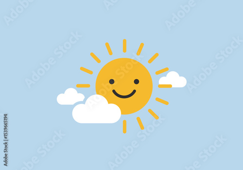 Cheerful cartoon sun with a smile surrounded by fluffy white clouds against a light blue sky