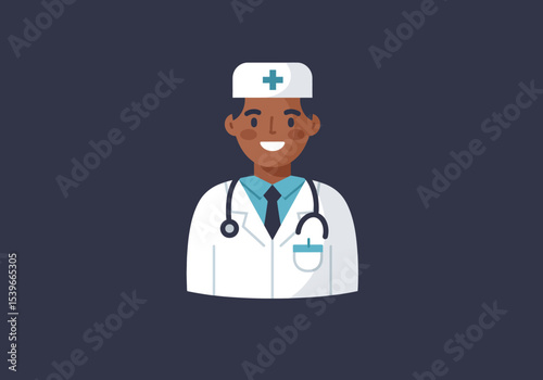 Flat vector cartoon of a smiling black doctor wearing a stethoscope and cap with a cross