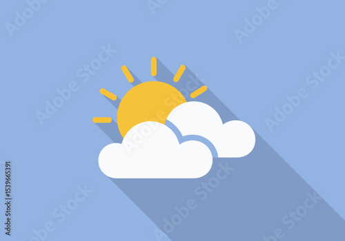 Graphic depicts a yellow sun partially obscured by two white clouds against a light blue background with a long blue shadow