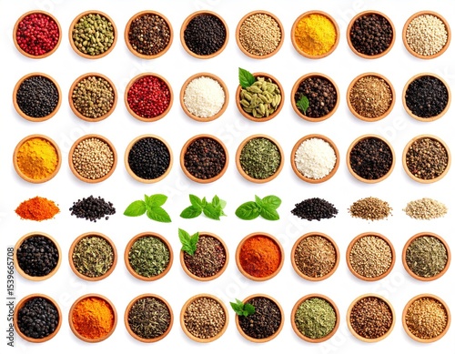 Assorted spices in small bowls, laid out in a grid pattern against a white background.  Colorful and varied spice types are visible in small, round, light-brown ceramic bowls.