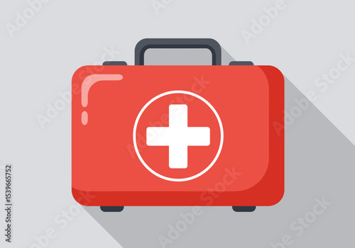 Red first aid kit with a white cross on a gray background and a dark gray handle